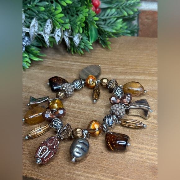 Vintage Treska Elegant Earth Tones Brown and Silver Beaded Bracelet Handmade - Picture 1 of 13